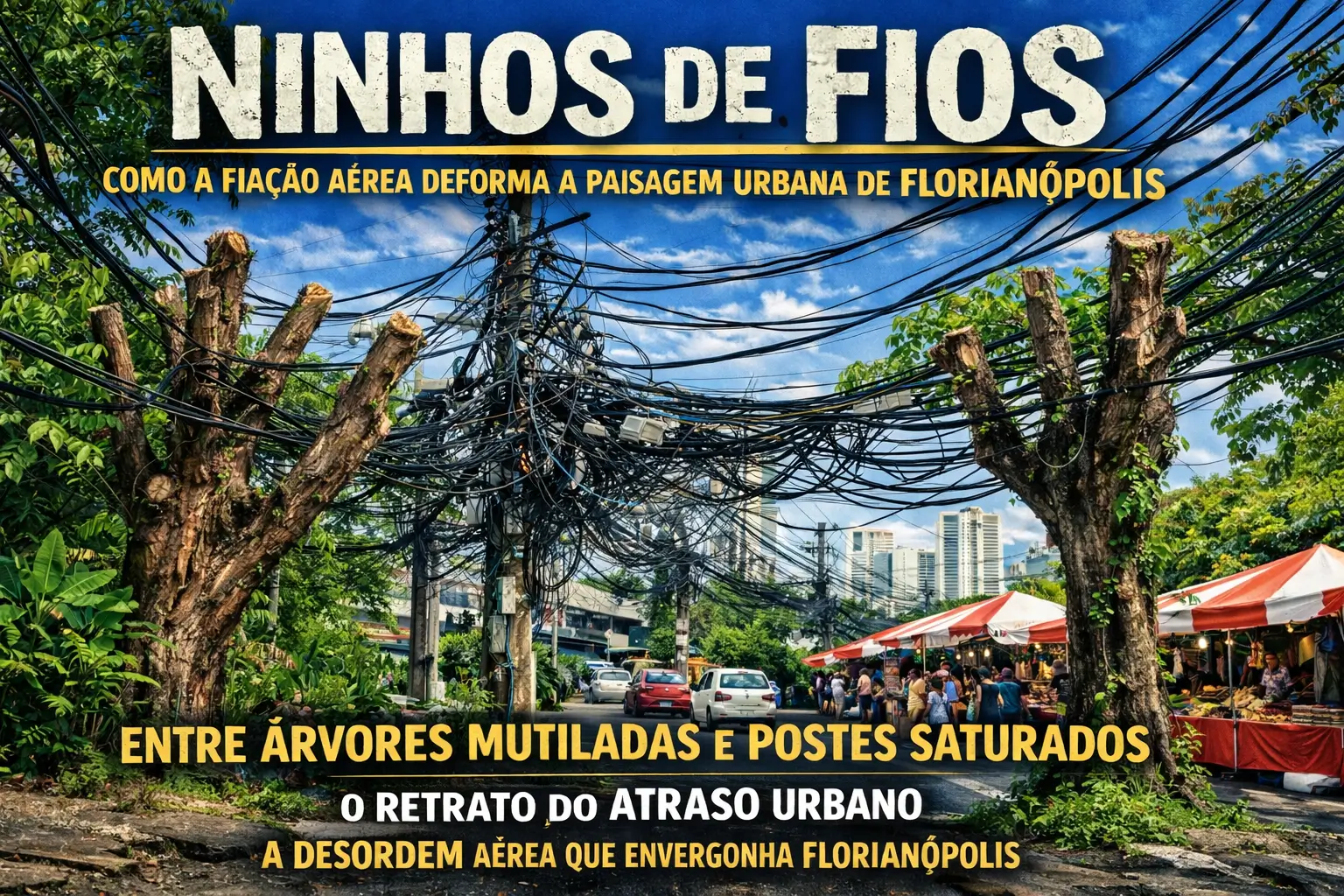 NINHOS DE FIOS –  COMO A FIAÇÃO AÉREA DEFORMA A PAISAGEM URBANA DE FLORIANÓPOLIS – ENTRE ÁRVORES MUTILADAS E POSTES SATURADOS –  O RETRATO DO ATRASO URBANO –  A DESORDEM AÉREA QUE ENVERGONHA FLORIANÓPOLIS